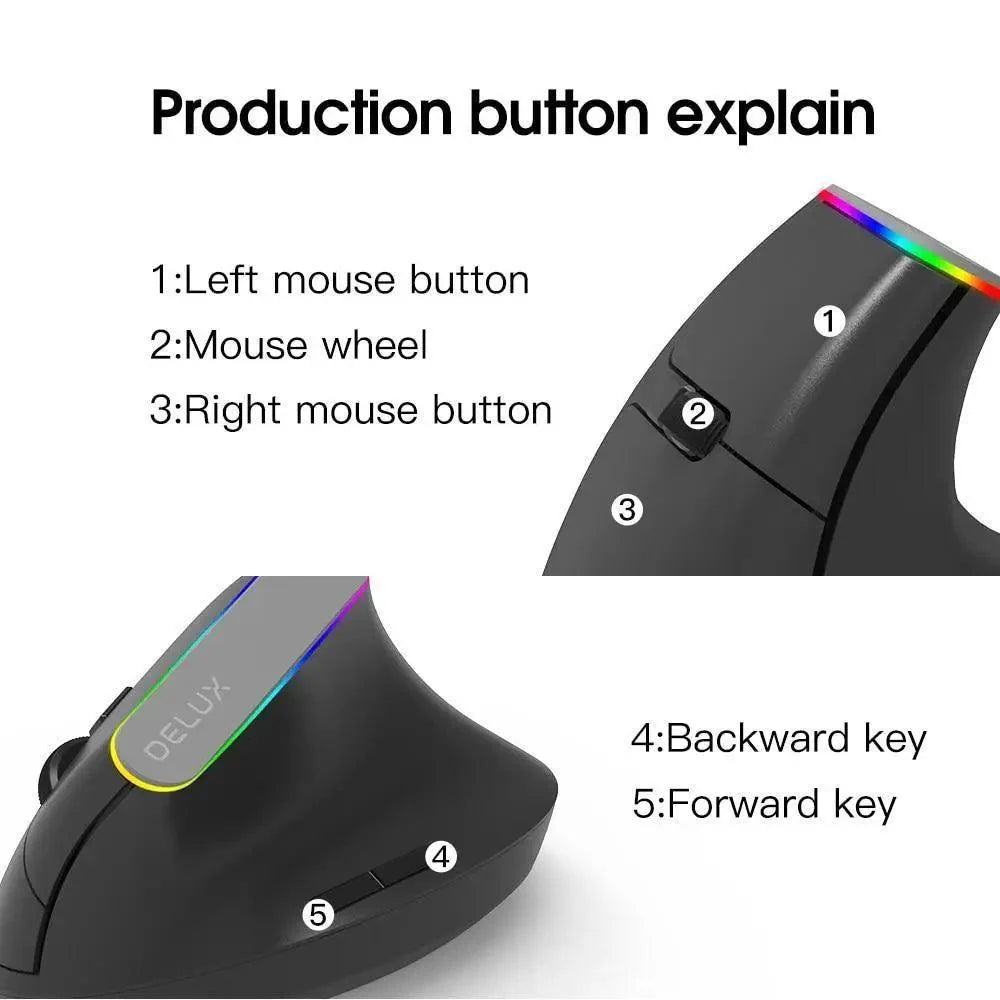 Black Wireless Ergonomic Mouse Vertical 1600 DPI Button Gaming Mouse RGB Optical USB Mice For PC And Laptop 2.4Ghz Stevvex