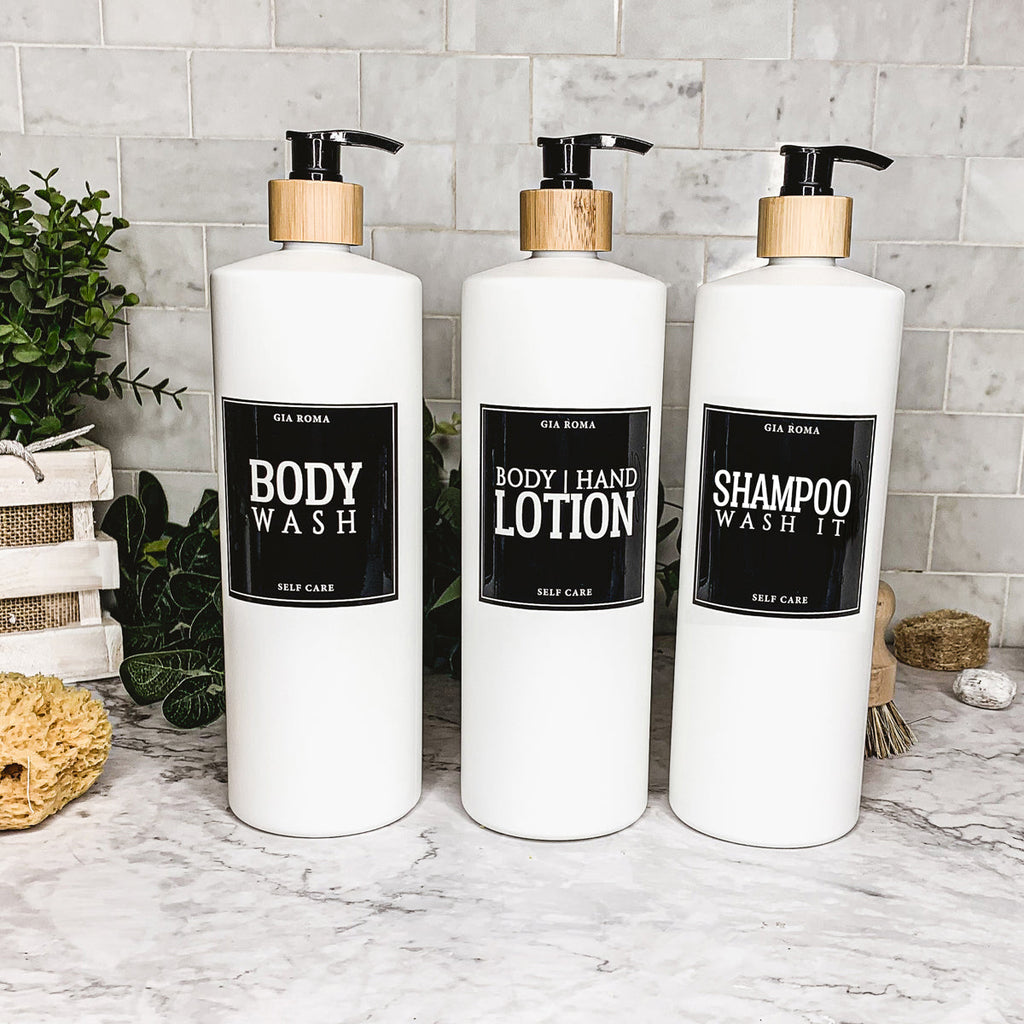 32oz White Plastic Refillable Dispenser Bottles - Reusable Soap Lotion Pump BandsCo Straps