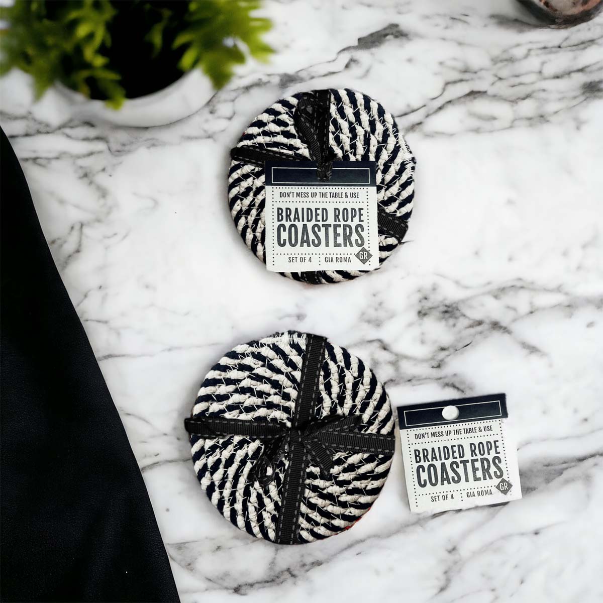 Black Braided Coaster Set 4-Pack Candy Cane Stripe Coasters Table Protectors BandsCo Straps