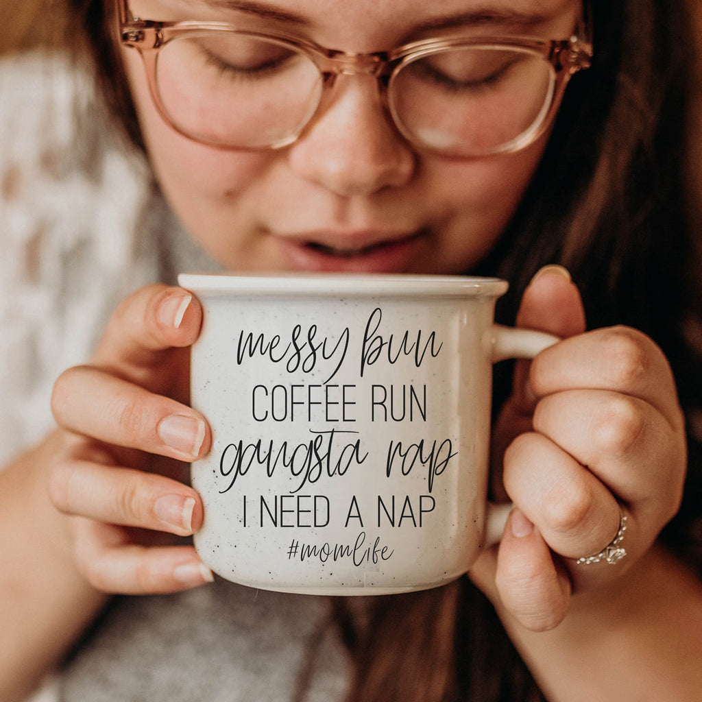 Messy Bun Coffee Run 14.5oz Ceramic Campfire Mug Double-Sided Speckled BandsCo Straps