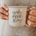 Wake Drink Slay 14.5oz Ceramic Campfire Mug Double-Sided Speckled White Sesame BandsCo Straps