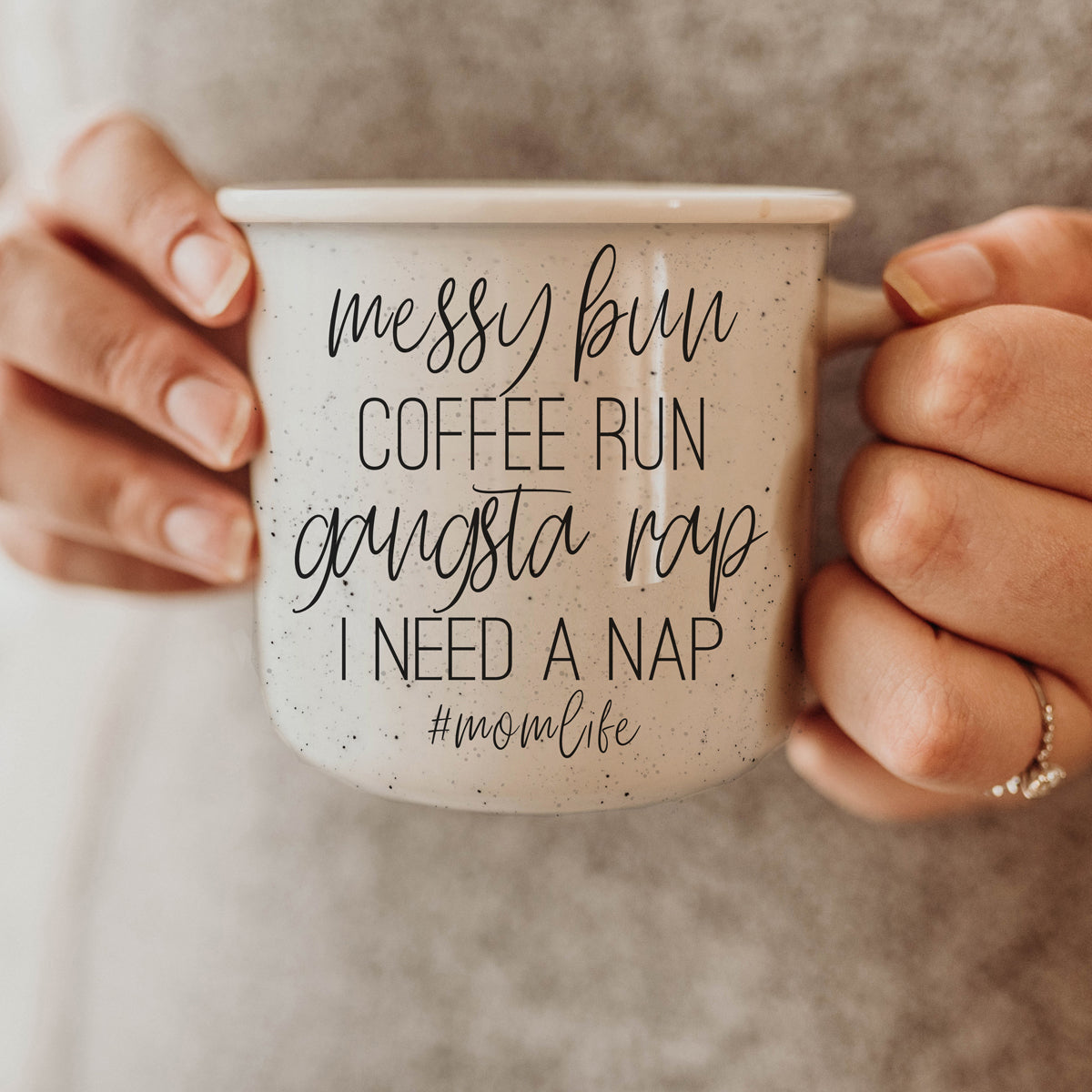 Messy Bun Coffee Run 14.5oz Ceramic Campfire Mug Double-Sided Speckled BandsCo Straps
