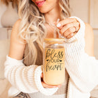 Bless Your Heart 20oz Glass Tumbler With Bamboo Lid - Sassy Coffee Cup BandsCo Straps
