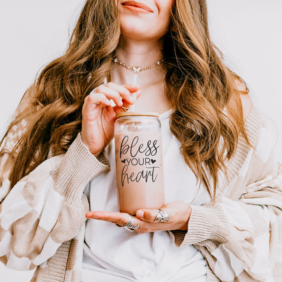 Bless Your Heart 20oz Glass Tumbler With Bamboo Lid - Sassy Coffee Cup BandsCo Straps