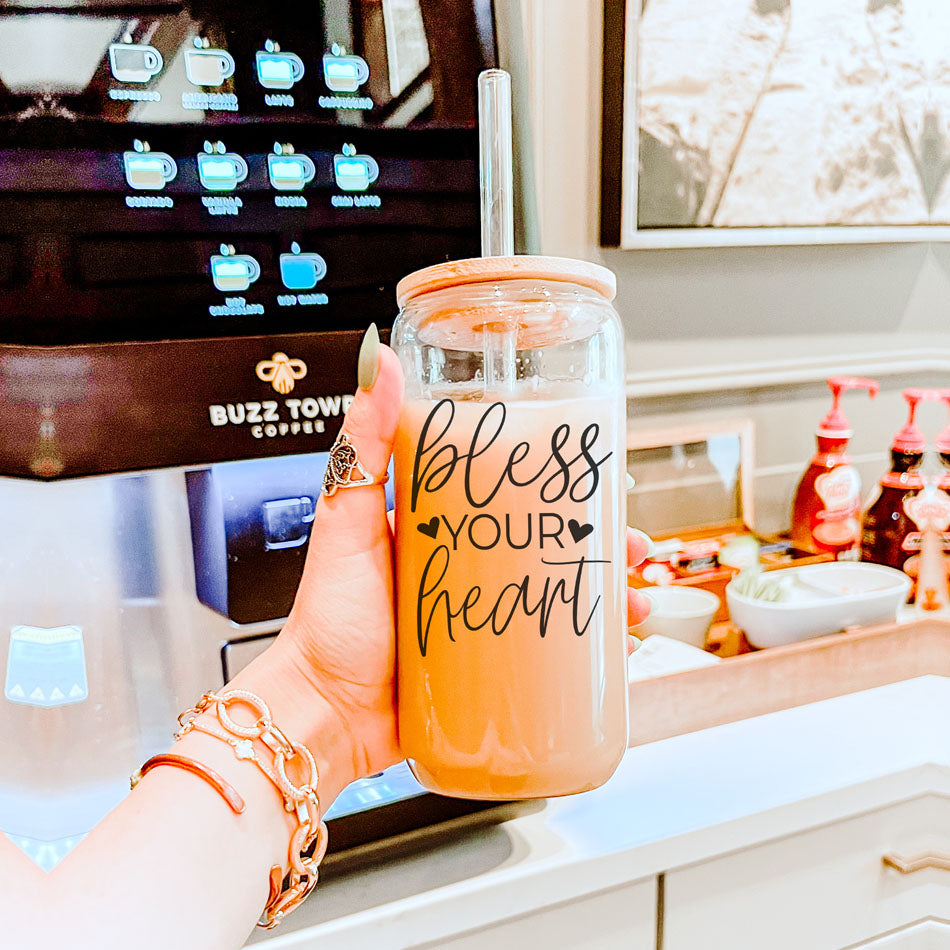 Bless Your Heart 20oz Glass Tumbler With Bamboo Lid - Sassy Coffee Cup BandsCo Straps
