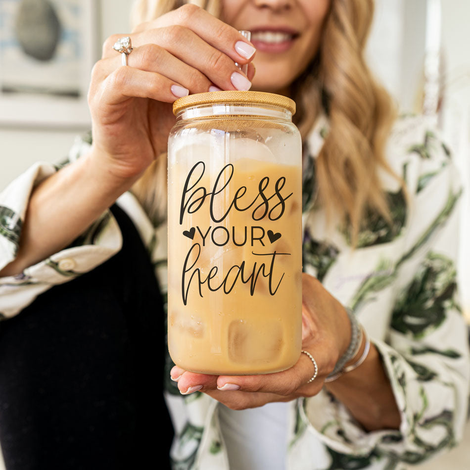 Bless Your Heart 20oz Glass Tumbler With Bamboo Lid - Sassy Coffee Cup BandsCo Straps