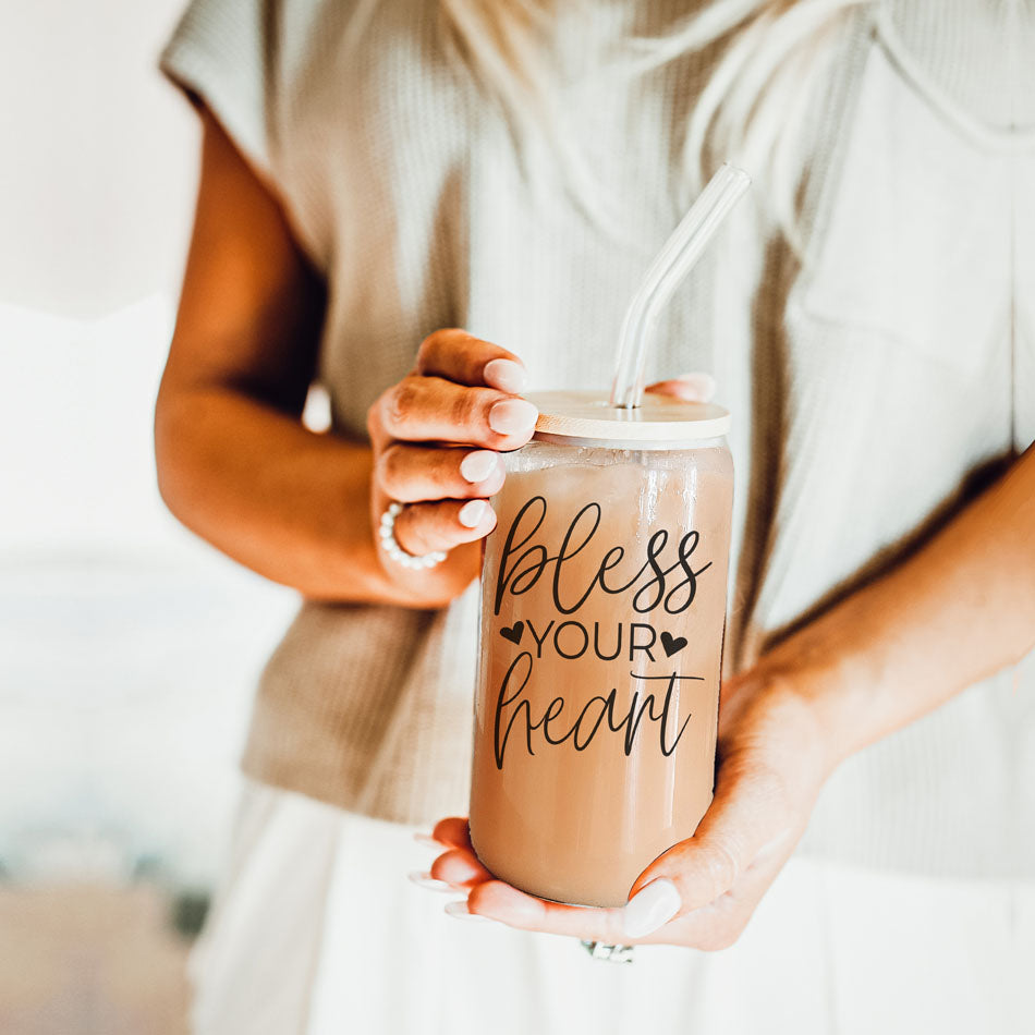 Bless Your Heart 20oz Glass Tumbler With Bamboo Lid - Sassy Coffee Cup BandsCo Straps