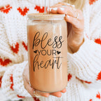 Bless Your Heart 20oz Glass Tumbler With Bamboo Lid - Sassy Coffee Cup BandsCo Straps