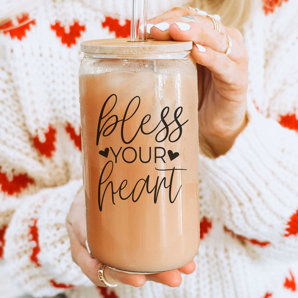 Bless Your Heart 20oz Glass Tumbler With Bamboo Lid - Sassy Coffee Cup BandsCo Straps