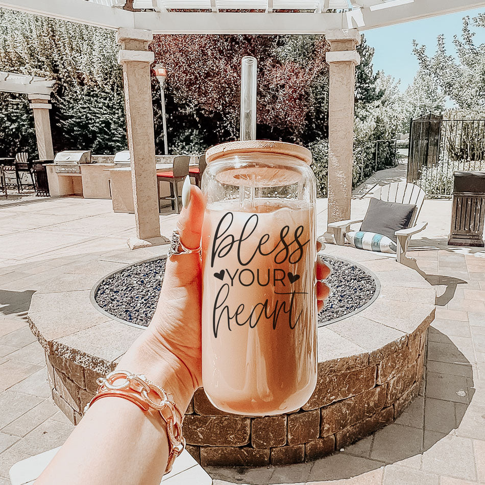 Bless Your Heart 20oz Glass Tumbler With Bamboo Lid - Sassy Coffee Cup BandsCo Straps
