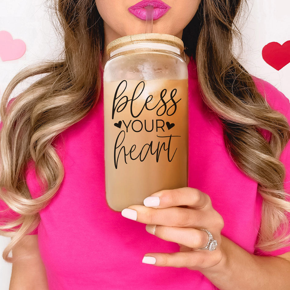 Bless Your Heart 20oz Glass Tumbler With Bamboo Lid - Sassy Coffee Cup BandsCo Straps