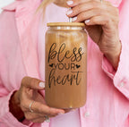 Bless Your Heart 20oz Glass Tumbler With Bamboo Lid - Sassy Coffee Cup BandsCo Straps