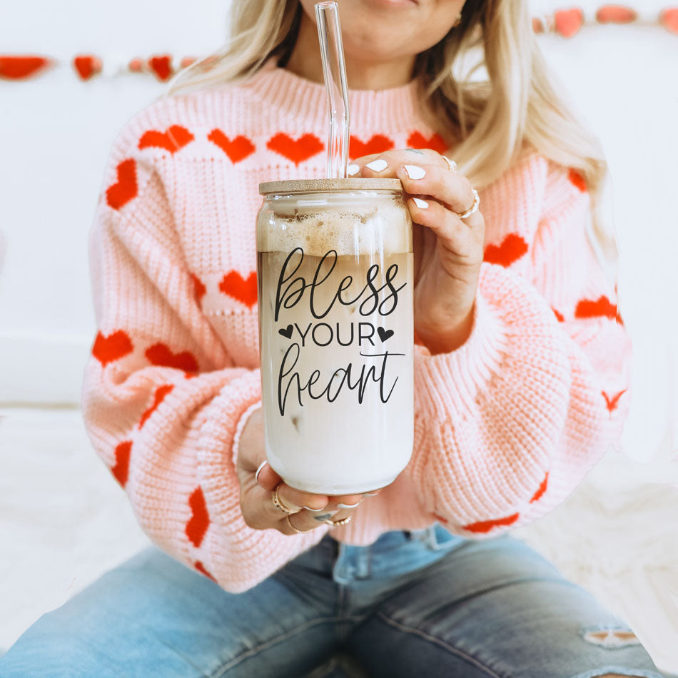 Bless Your Heart 20oz Glass Tumbler With Bamboo Lid - Sassy Coffee Cup BandsCo Straps