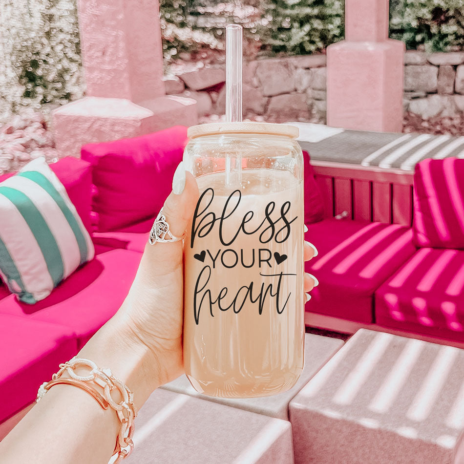 Bless Your Heart 20oz Glass Tumbler With Bamboo Lid - Sassy Coffee Cup BandsCo Straps