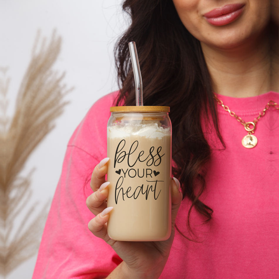 Bless Your Heart 20oz Glass Tumbler With Bamboo Lid - Sassy Coffee Cup BandsCo Straps