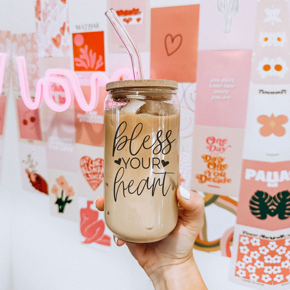 Bless Your Heart 20oz Glass Tumbler With Bamboo Lid - Sassy Coffee Cup BandsCo Straps