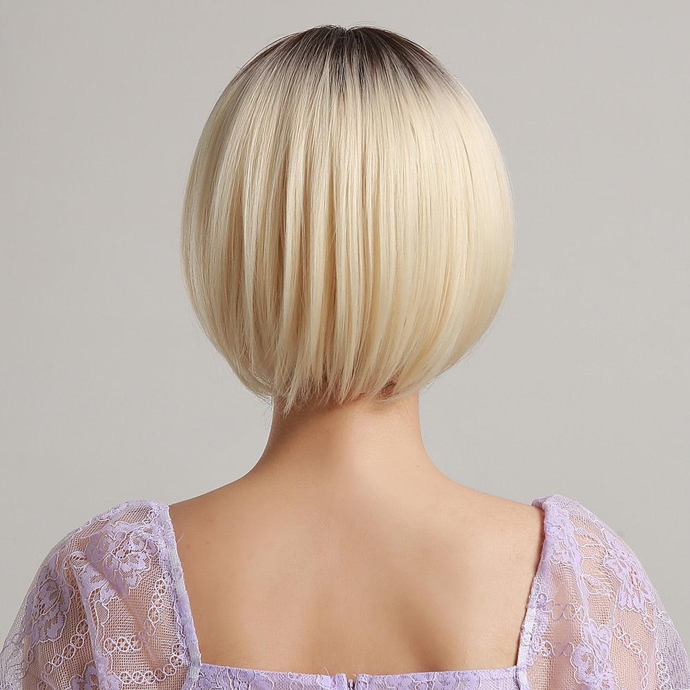Blonde White Black Ombre Bob Synthetic Wigs for Women Straight Hair Wigs Cosplay Party Wig with bangs Heat Resistant Wigs For Black Women Cosplay Wigs For Women Stevvex