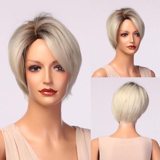 Blonde White Black Ombre Bob Synthetic Wigs for Women Straight Hair Wigs Cosplay Party Wig with bangs Heat Resistant Wigs For Black Women Cosplay Wigs For Women Stevvex