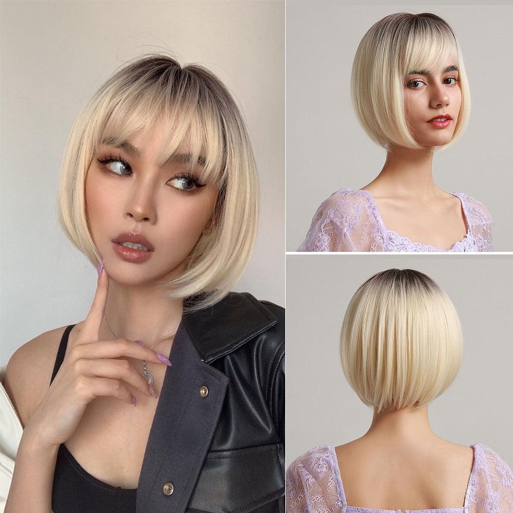 Blonde White Black Ombre Bob Synthetic Wigs for Women Straight Hair Wigs Cosplay Party Wig with bangs Heat Resistant Wigs For Black Women Cosplay Wigs For Women Stevvex