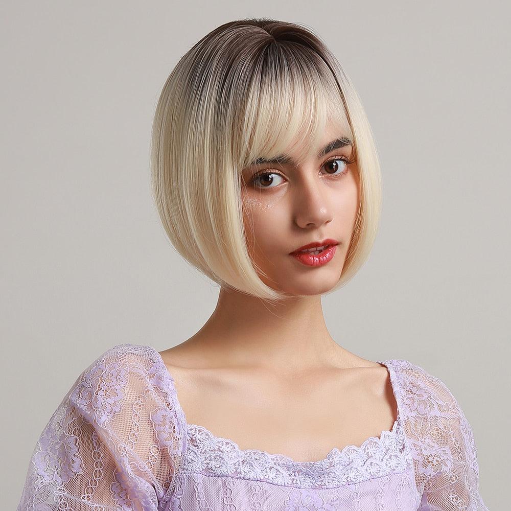 Blonde White Black Ombre Bob Synthetic Wigs for Women Straight Hair Wigs Cosplay Party Wig with bangs Heat Resistant Wigs For Black Women Cosplay Wigs For Women Stevvex