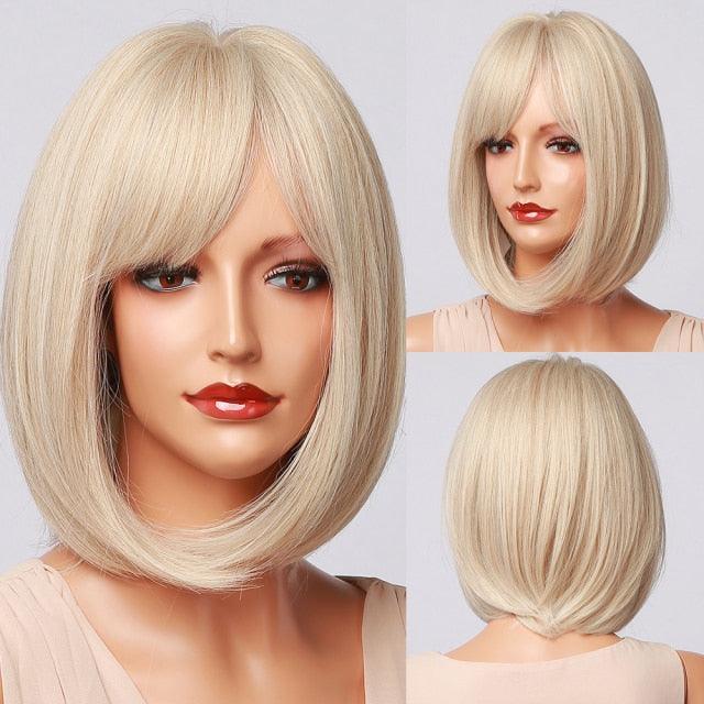 Blonde White Black Ombre Bob Synthetic Wigs for Women Straight Hair Wigs Cosplay Party Wig with bangs Heat Resistant Wigs For Black Women Cosplay Wigs For Women Stevvex