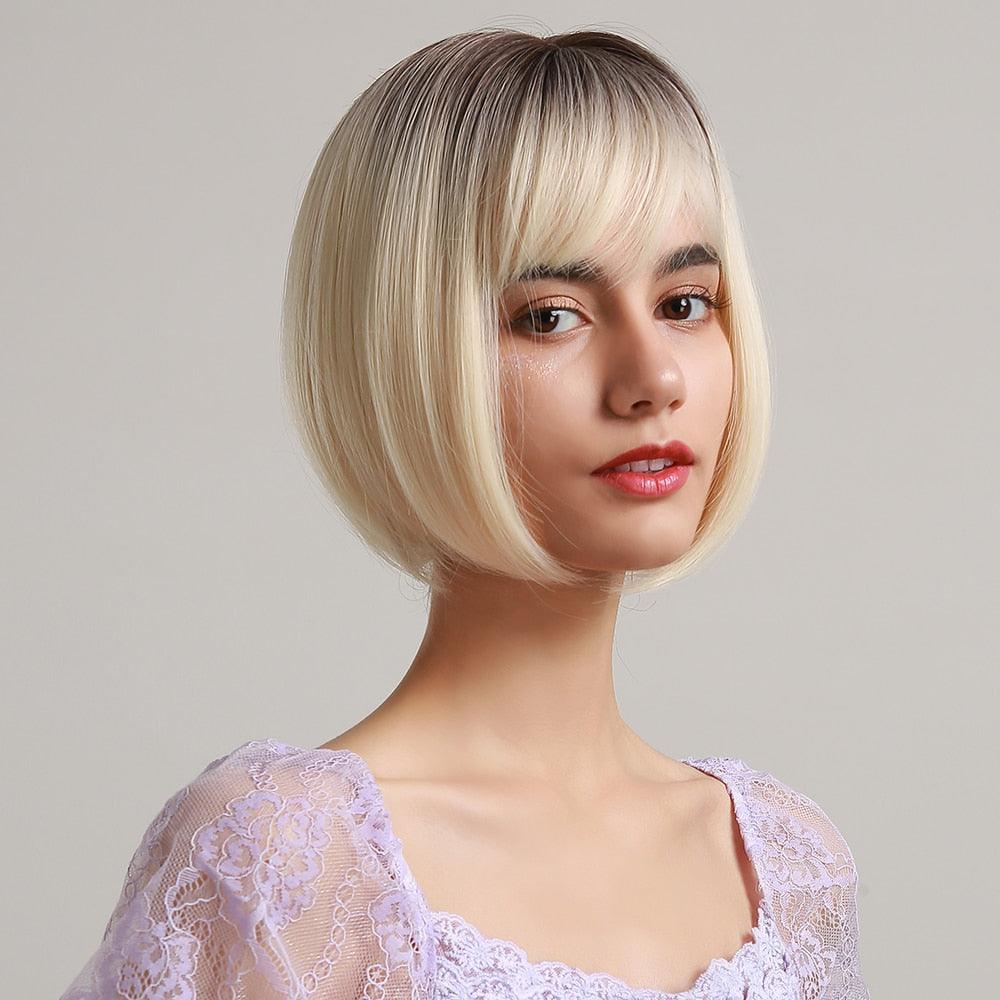 Blonde White Black Ombre Bob Synthetic Wigs for Women Straight Hair Wigs Cosplay Party Wig with bangs Heat Resistant Wigs For Black Women Cosplay Wigs For Women Stevvex