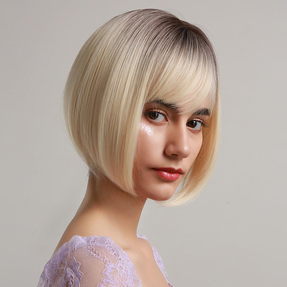 Blonde White Black Ombre Bob Synthetic Wigs for Women Straight Hair Wigs Cosplay Party Wig with bangs Heat Resistant Wigs For Black Women Cosplay Wigs For Women Stevvex
