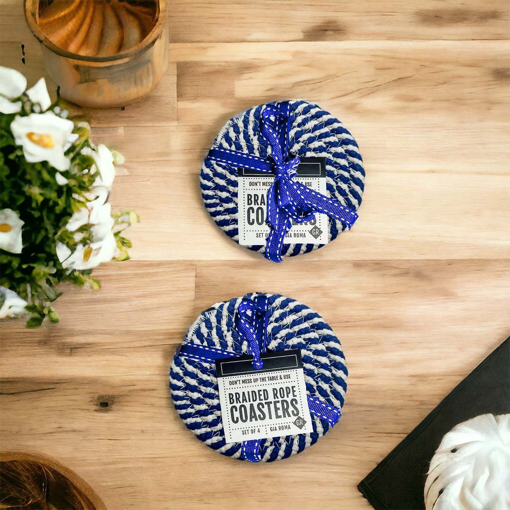 Blue Braided Holiday Coaster Set 4 Pack Candy Cane Stripe Table Protectors Absorbent Drink Mats BandsCo Straps