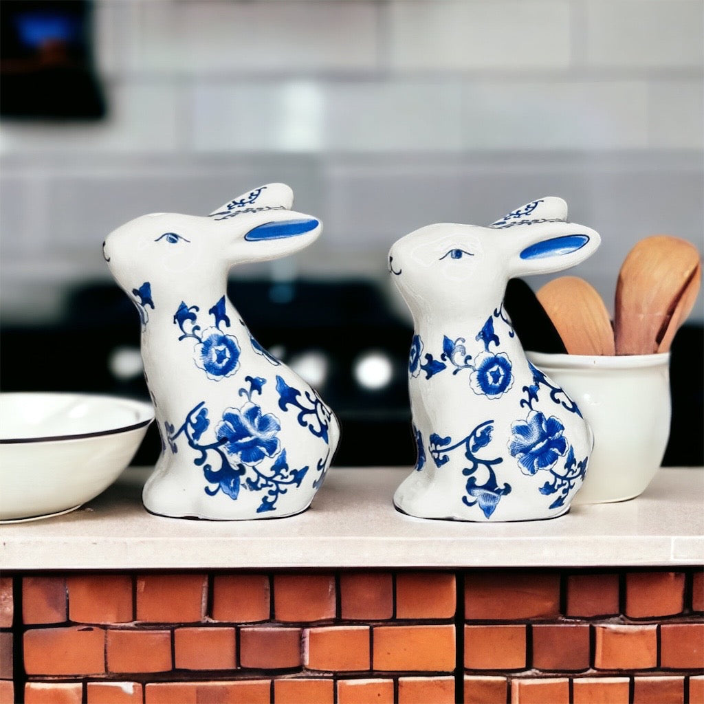 Blue Bunny Porcelain Salt and Pepper Shakers Hand-Painted Easter Spring Decor