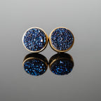 Blue Druzy 10mm Round Stud Earrings Gold Plated Minimalist