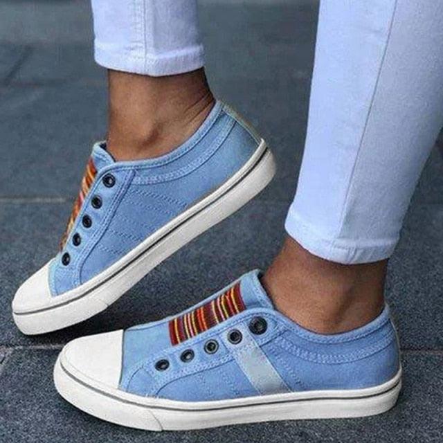 Blue Low-Cut Canvas Flat Shoes Women Casual Vulcanize Shoes New Women Summer Autumn Casual Slip On Canvas Comfortable Walking Flats Elegant Sneakers Stevvex