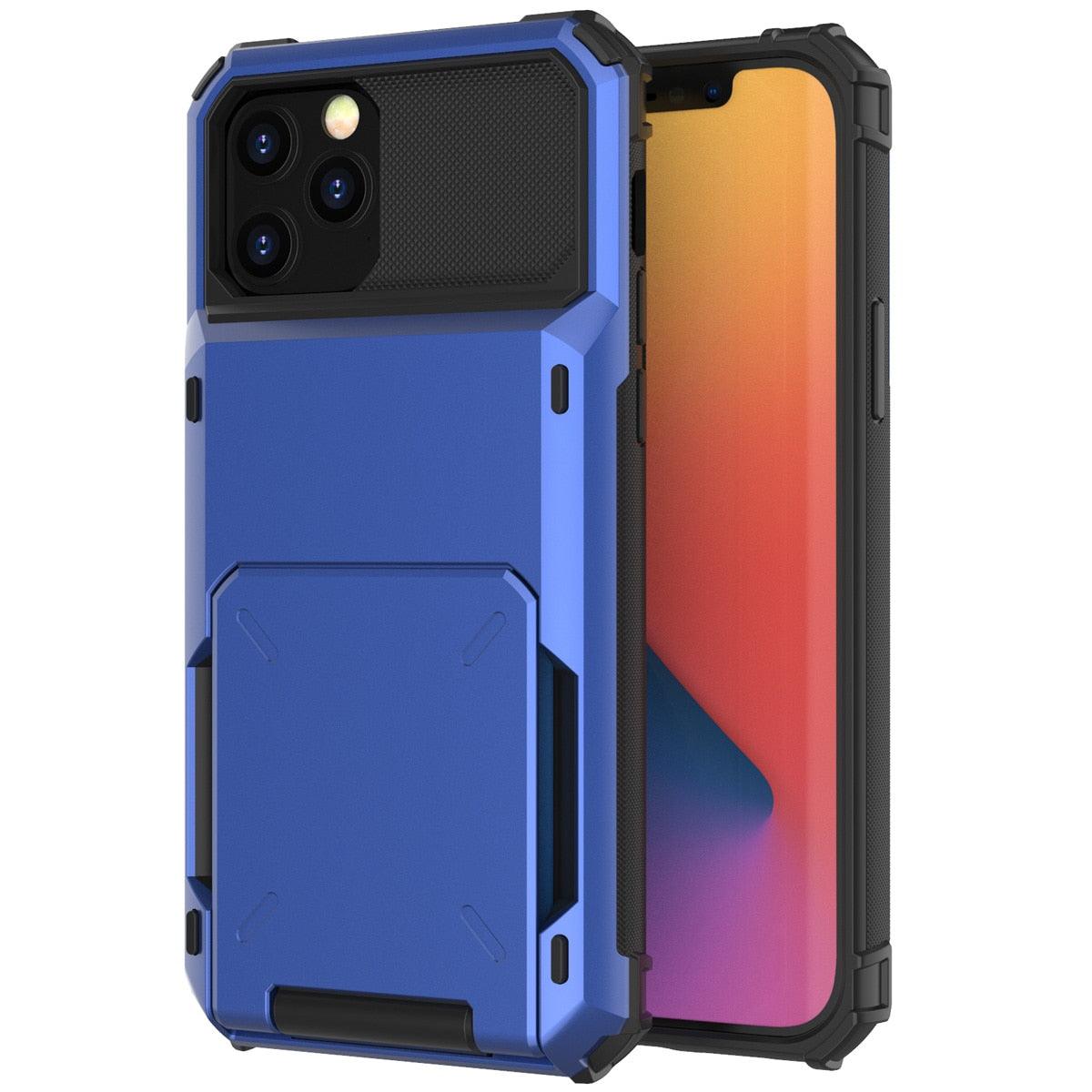 Blue Men Card Holder Hidden Pocket Phone Case Dual Layer Bumper Armor Protective Cover For iPhone 14 13 Pro Max 13 Mini 13 Pro Card Slots Wallet Case Cover Slide Armor Wallet Card Slots Holder for iPhone 13 Stevvex
