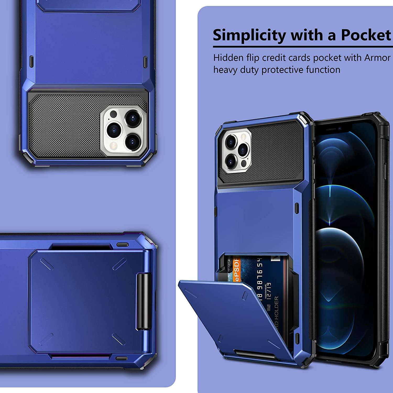 Blue Men Card Holder Hidden Pocket Phone Case Dual Layer Bumper Armor Protective Cover For iPhone 14 13 Pro Max 13 Mini 13 Pro Card Slots Wallet Case Cover Slide Armor Wallet Card Slots Holder for iPhone 13 Stevvex