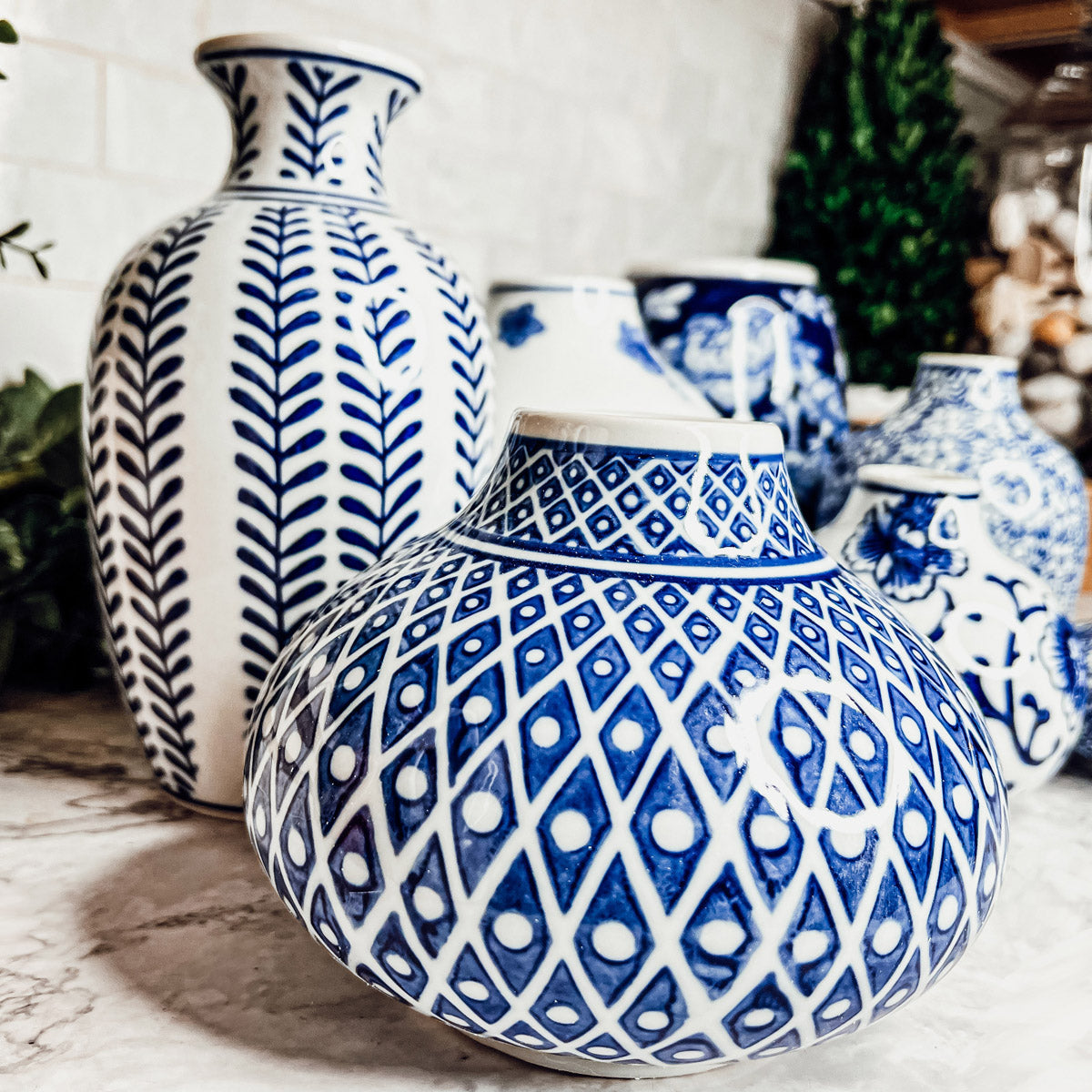 Blue Porcelain Plant Vases Set, Modern Indoor Decorative Planters For Home BandsCo Straps