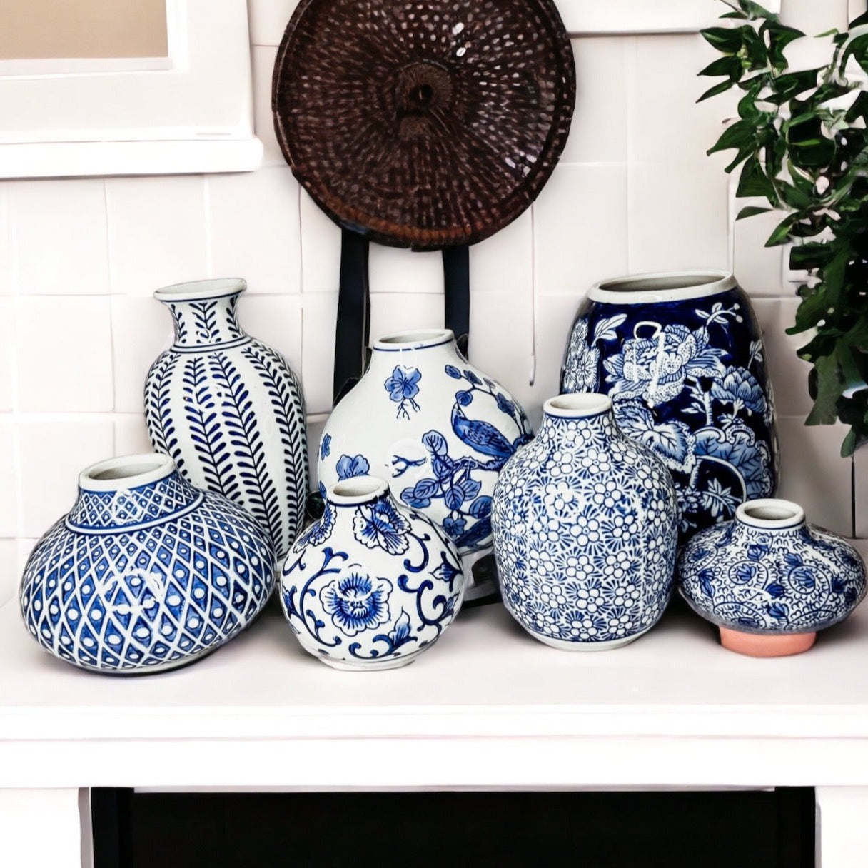 Blue Porcelain Plant Vases Set, Modern Indoor Decorative Planters For Home BandsCo Straps