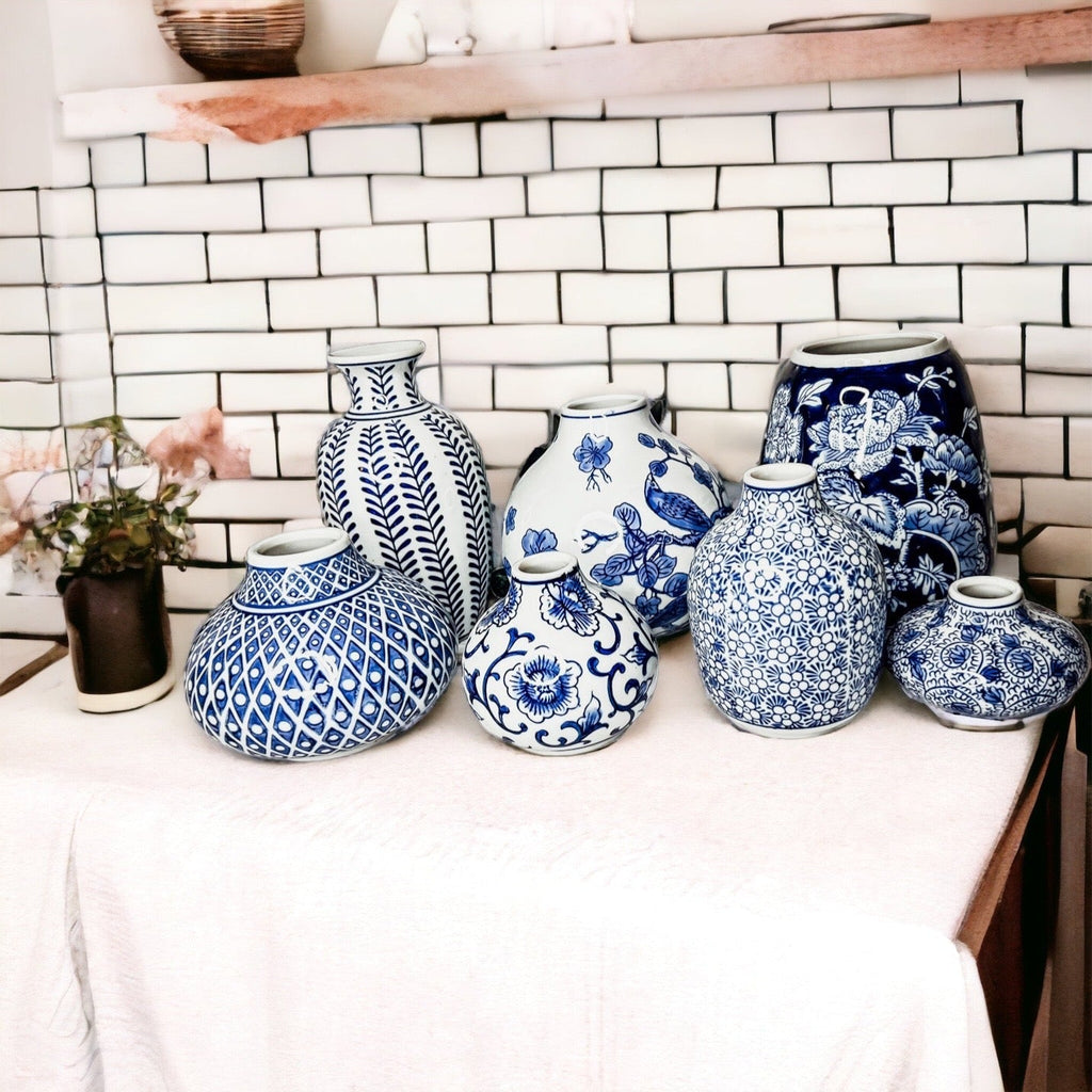 Blue Porcelain Plant Vases Set, Modern Indoor Decorative Planters For Home BandsCo Straps