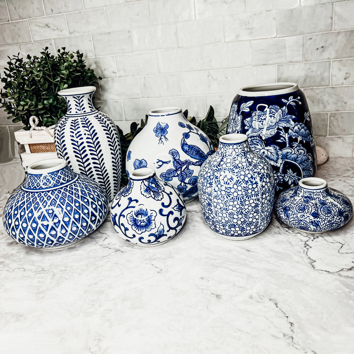 Blue Porcelain Plant Vases Set, Modern Indoor Decorative Planters For Home BandsCo Straps