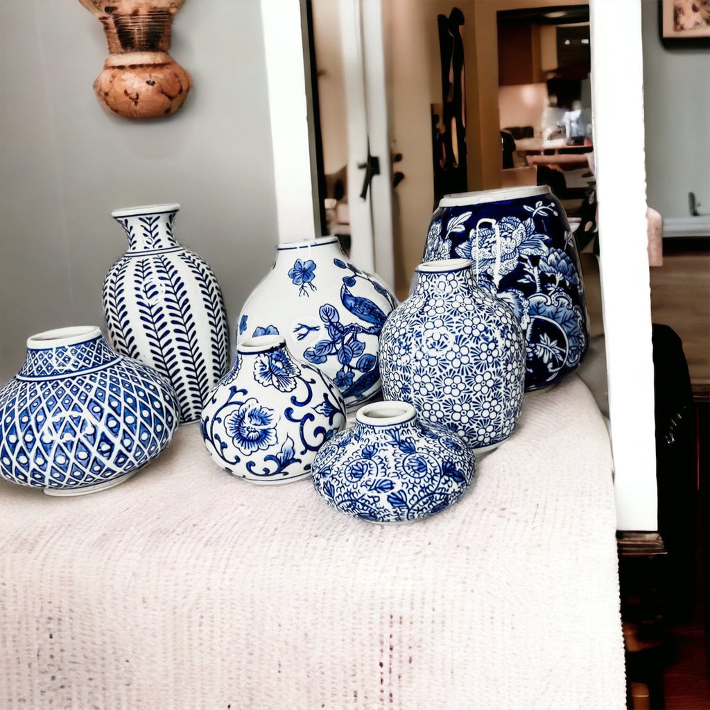 Blue Porcelain Plant Vases Set, Modern Indoor Decorative Planters For Home BandsCo Straps