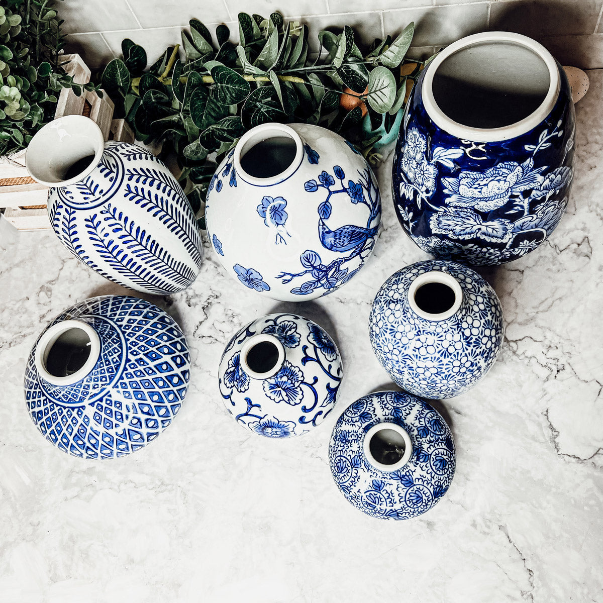 Blue Porcelain Plant Vases Set, Modern Indoor Decorative Planters For Home BandsCo Straps