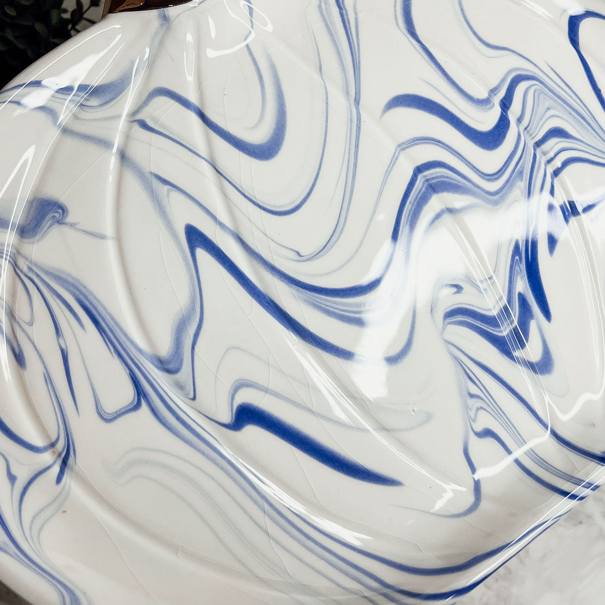 Blue White Marble Pumpkin Serving Platters Set of 2 With Gold Stem BandsCo Straps