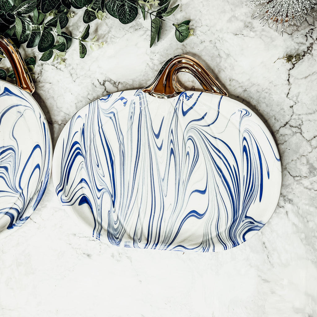 Blue White Marble Pumpkin Serving Platters Set of 2 With Gold Stem BandsCo Straps