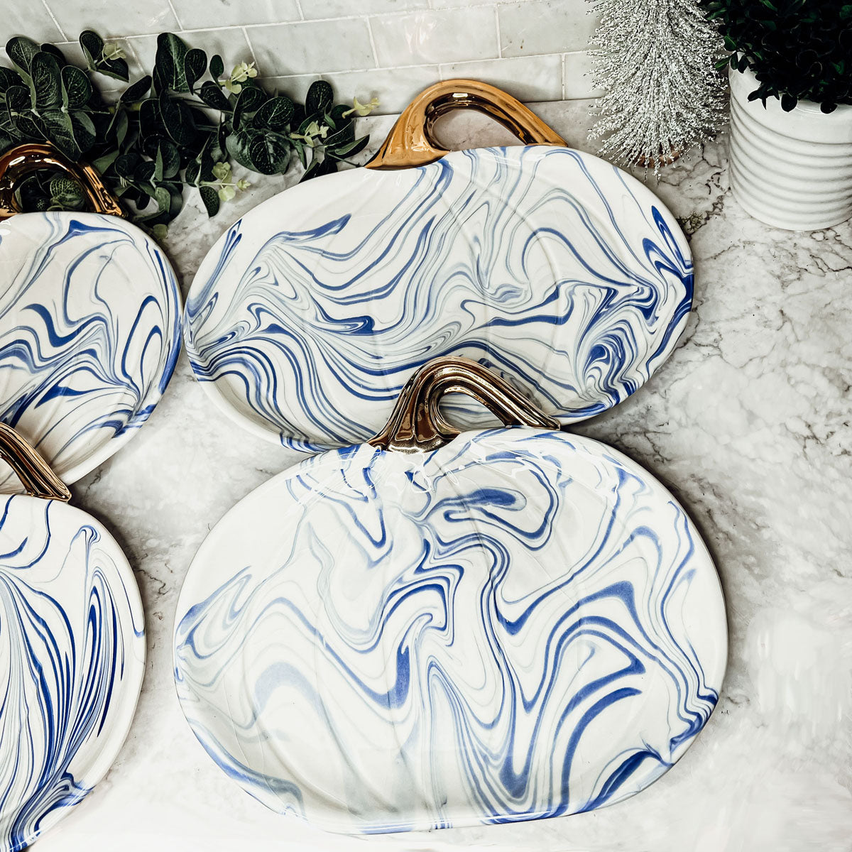 Blue White Marble Pumpkin Serving Platters Set of 2 With Gold Stem BandsCo Straps