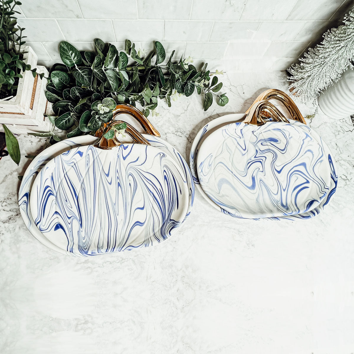 Blue White Marble Pumpkin Serving Platters Set of 2 With Gold Stem BandsCo Straps