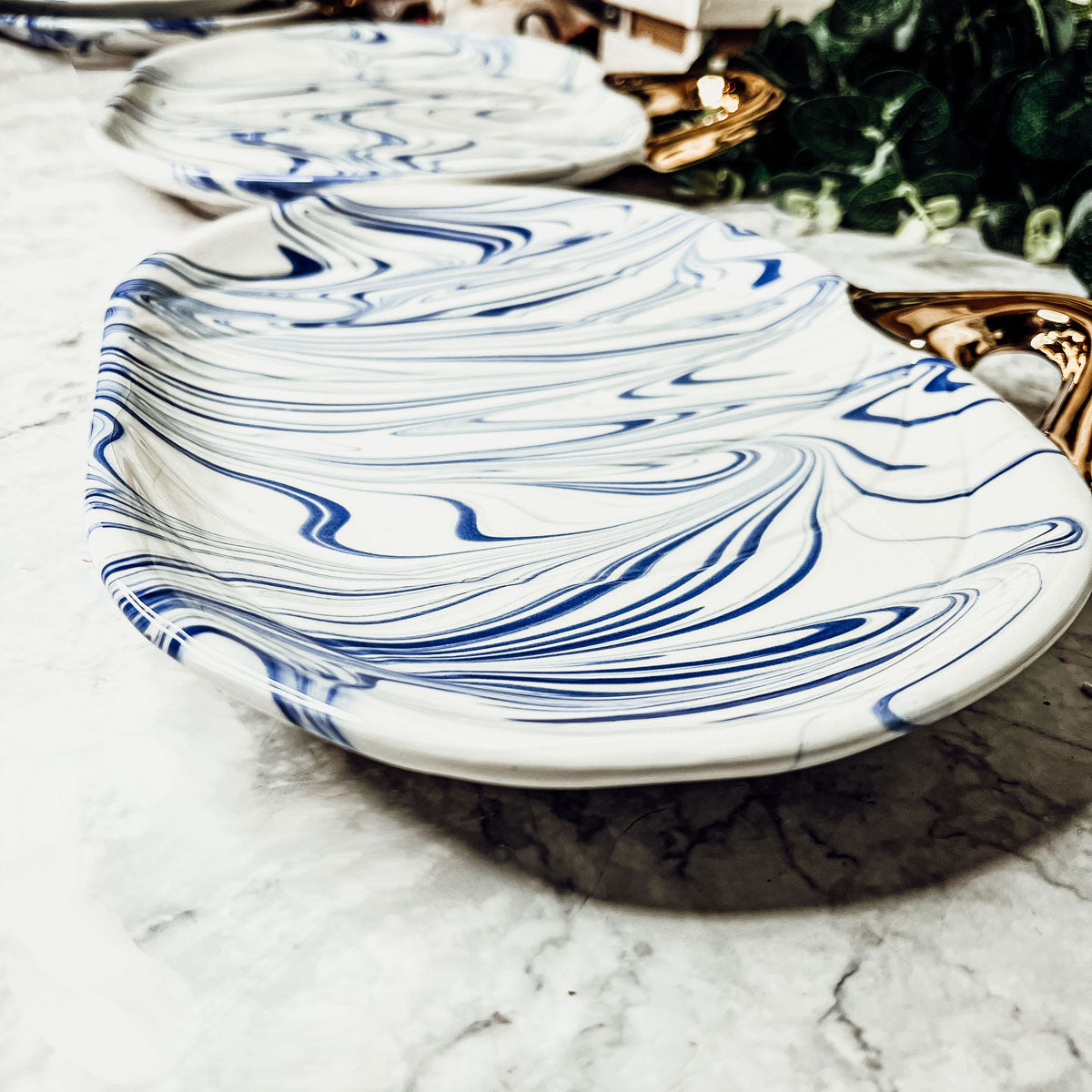 Blue White Marble Pumpkin Serving Platters Set of 2 With Gold Stem BandsCo Straps