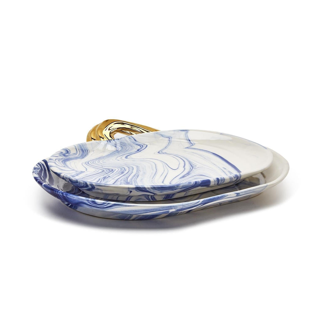 Blue White Marble Pumpkin Serving Platters Set of 2 With Gold Stem BandsCo Straps