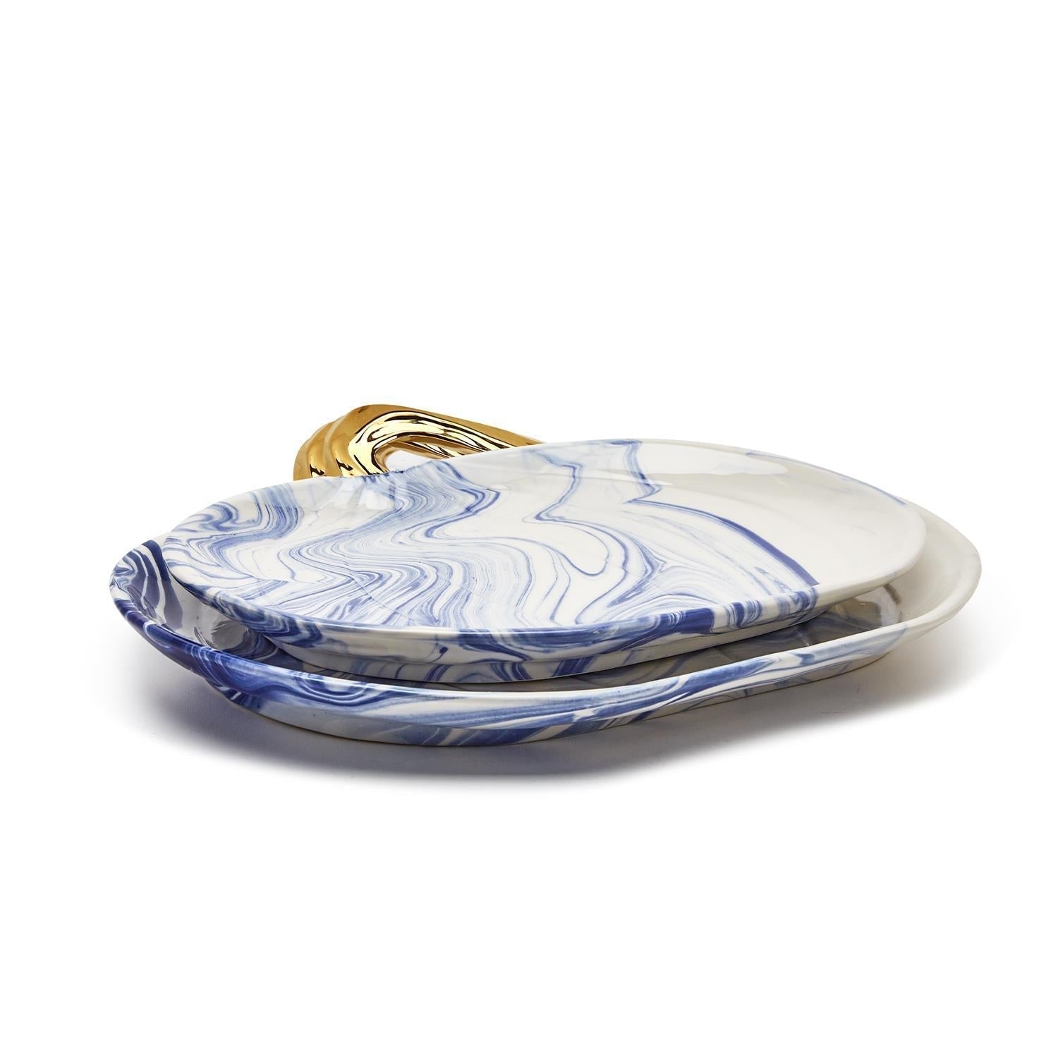 Blue White Marble Pumpkin Serving Platters Set of 2 With Gold Stem BandsCo Straps