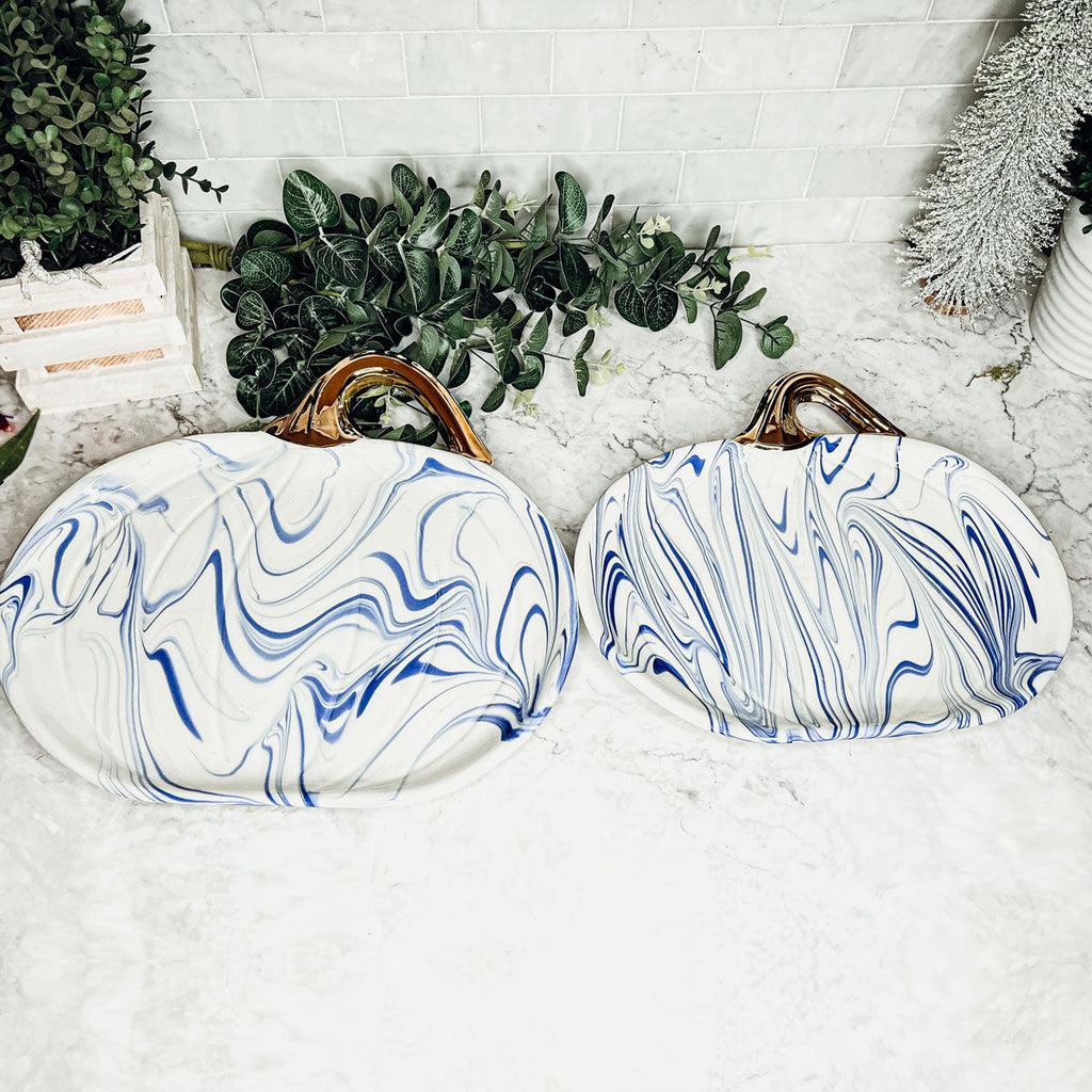 Blue White Marble Pumpkin Serving Platters Set of 2 With Gold Stem BandsCo Straps