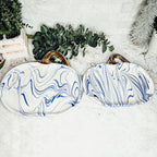 Blue White Marble Pumpkin Serving Platters Set of 2 With Gold Stem BandsCo Straps