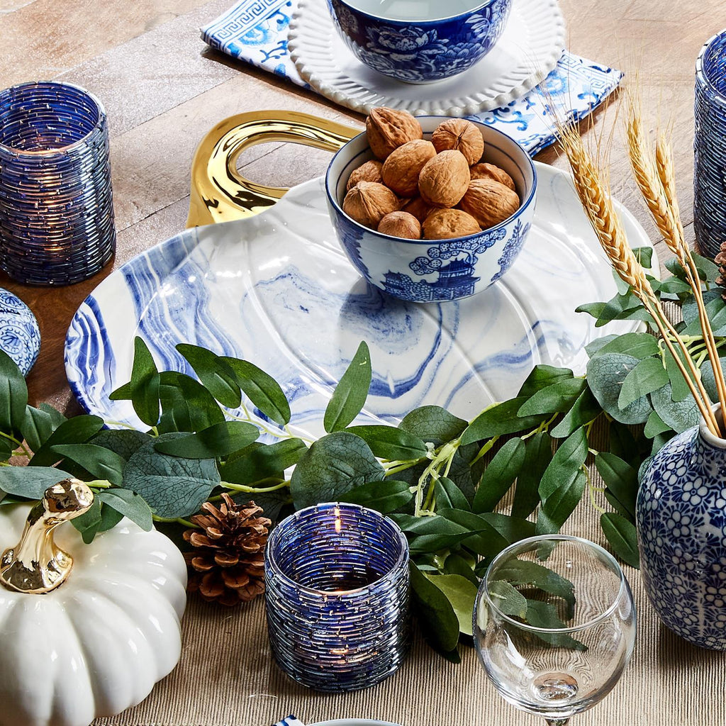 Blue White Marble Pumpkin Serving Platters Set of 2 With Gold Stem BandsCo Straps
