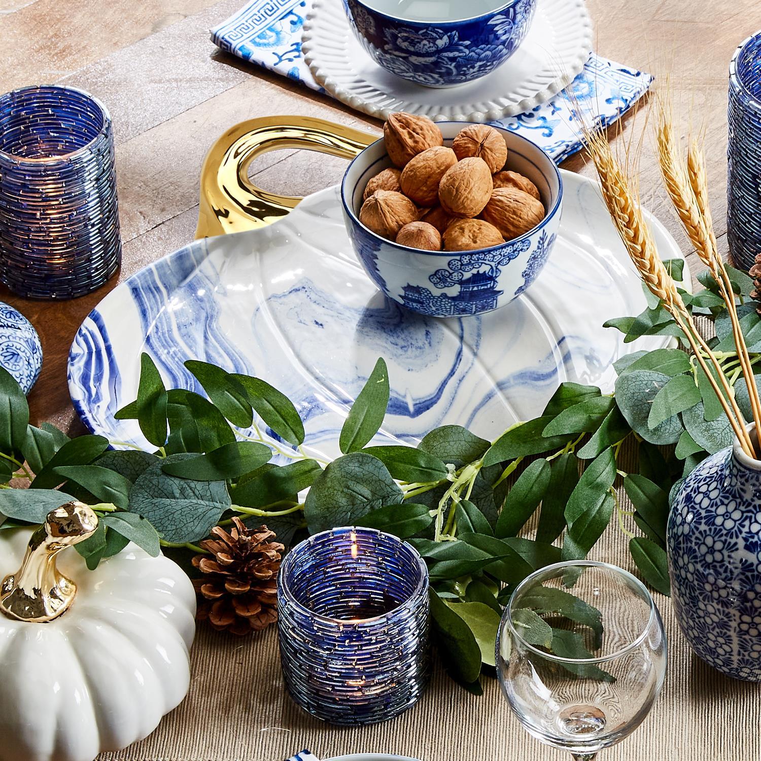 Blue White Marble Pumpkin Serving Platters Set of 2 With Gold Stem BandsCo Straps